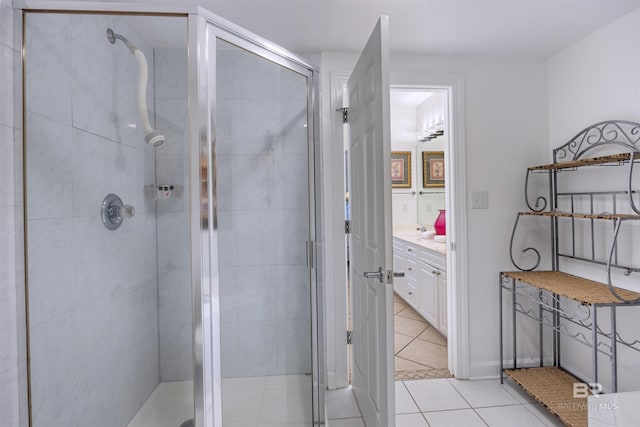full bathroom with a stall shower and tile patterned flooring