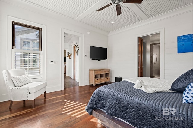 bedroom with ceiling fan, dark hardwood / wood-style flooring, and crown molding