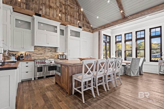 kitchen with tasteful backsplash, white cabinets, and double oven range