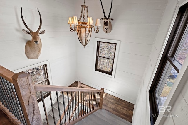 staircase with hardwood / wood-style flooring, an inviting chandelier, and wood walls