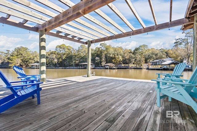 dock area featuring a pergola and a water view