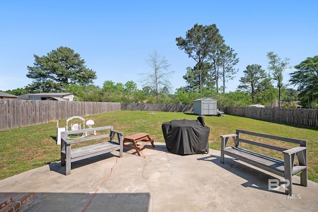 view of patio with a fenced backyard, an outdoor structure, and a shed