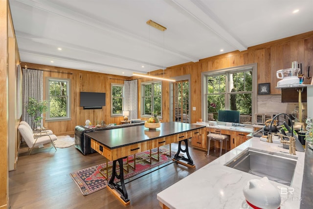 interior space with beamed ceiling, sink, and dark hardwood / wood-style floors