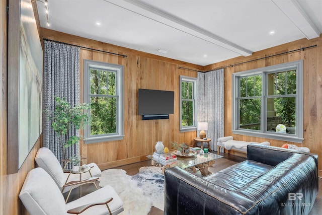 living room featuring hardwood / wood-style floors, beam ceiling, wooden walls, and a wealth of natural light