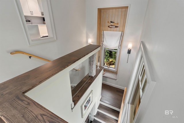 stairway with hardwood / wood-style floors