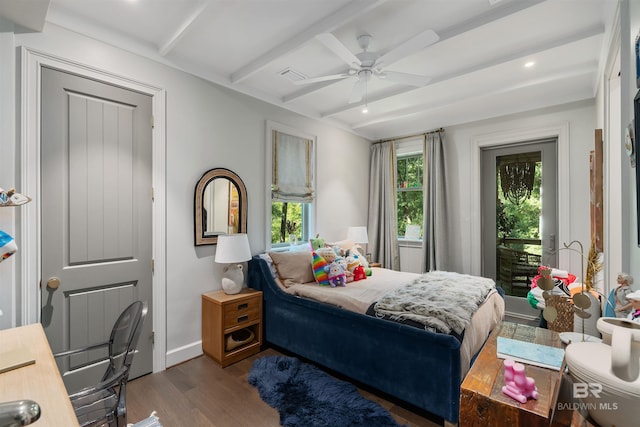 bedroom with access to outside, ceiling fan, hardwood / wood-style flooring, and beam ceiling