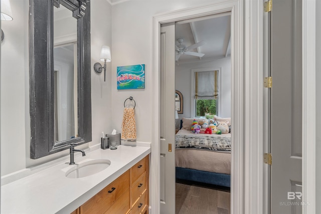 bathroom with ceiling fan, vanity, and hardwood / wood-style floors