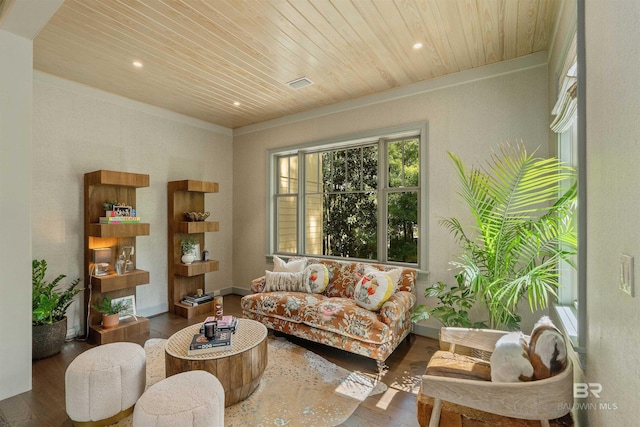 living room with wood ceiling and hardwood / wood-style floors