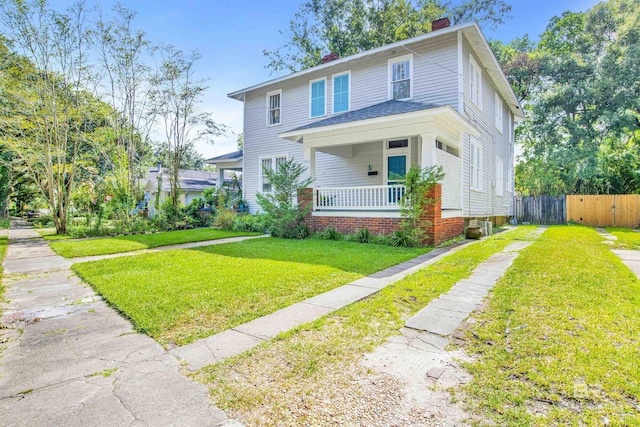 view of front of house with a porch and a front lawn