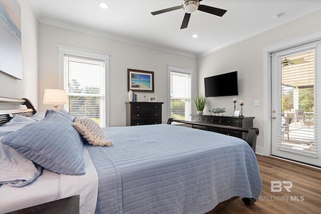 bedroom featuring crown molding, dark hardwood / wood-style floors, access to outside, and ceiling fan