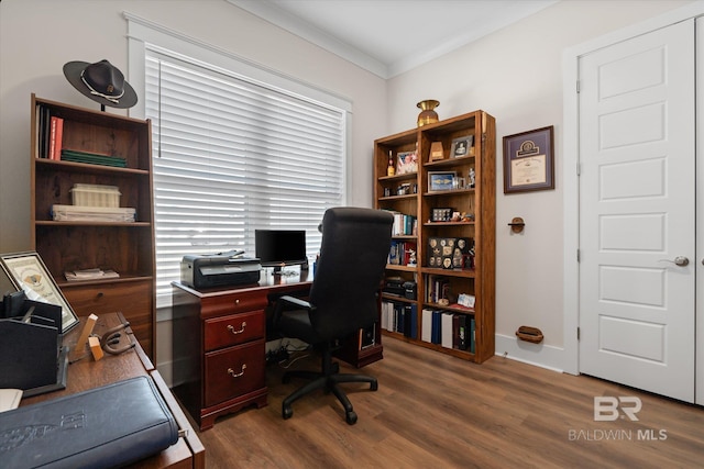 office space with ornamental molding and hardwood / wood-style floors