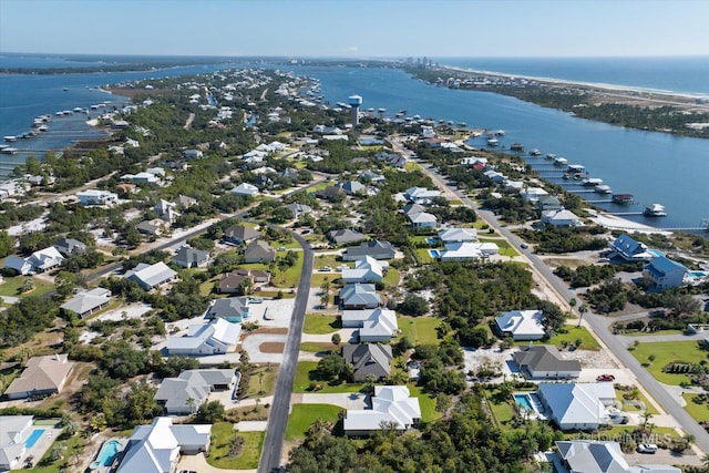 bird's eye view with a water view