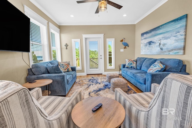 566 Boykin Ct N, Gulf Shores, AL 36542 - living room featuring ceiling fan, crown molding, recessed lighting, and wood finished floors