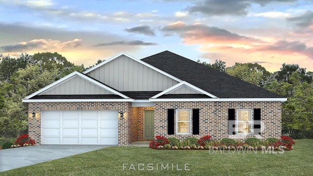 view of front of house featuring brick siding, a porch, concrete driveway, and a front yard