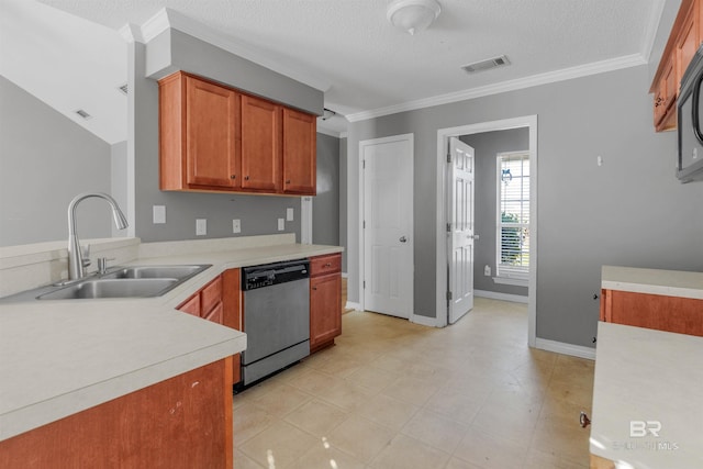 kitchen with visible vents, ornamental molding, a sink, stainless steel dishwasher, and light countertops