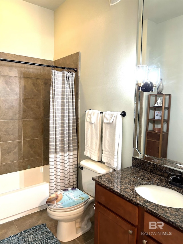 full bath with toilet, vanity, shower / bath combination with curtain, and tile patterned floors