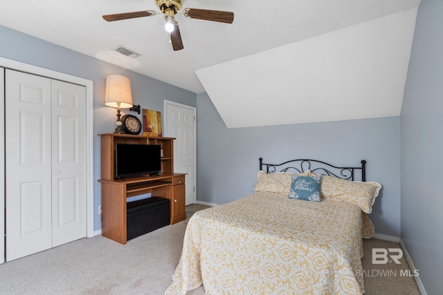 103 Hickory Ct, Daphne, AL 36526 - bedroom with carpet floors, a closet, baseboards, a ceiling fan, and vaulted ceiling