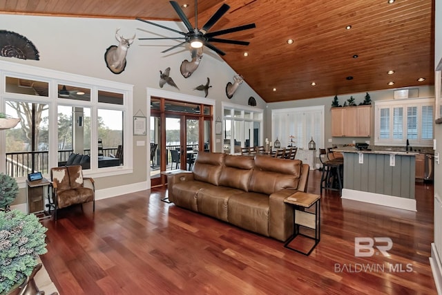 living area featuring high vaulted ceiling, wood ceiling, dark wood-type flooring, and ceiling fan
