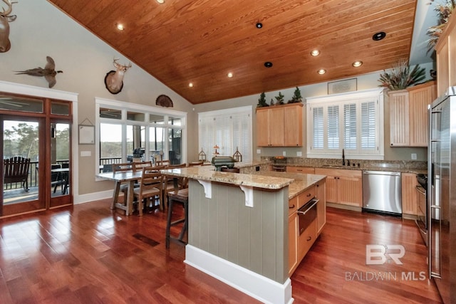 kitchen featuring dark wood-style flooring, dishwasher, wood ceiling, and a sink