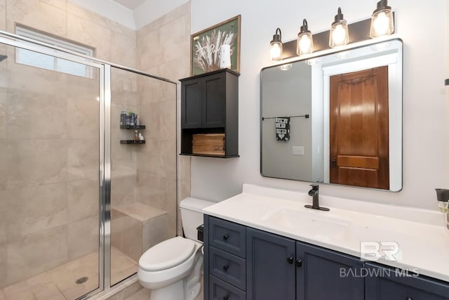full bathroom with vanity, a shower stall, and toilet