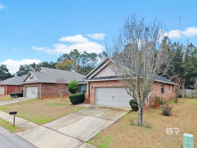 ranch-style house with a garage and a front lawn