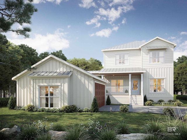 modern farmhouse style home featuring a garage, a front lawn, and covered porch