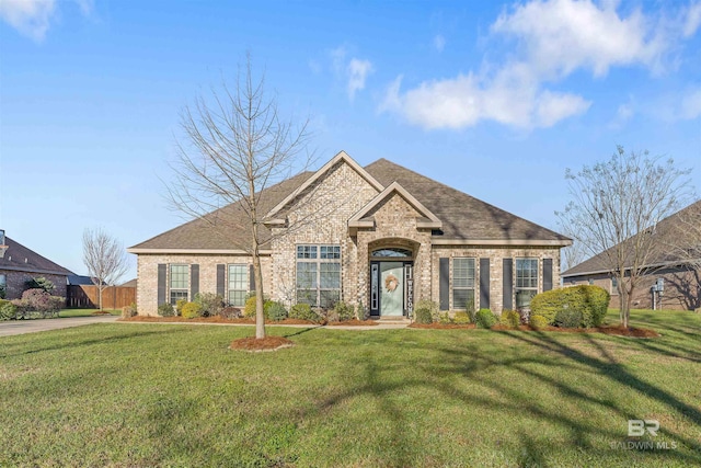 view of front of property featuring brick siding, fence, a front yard, and roof with shingles