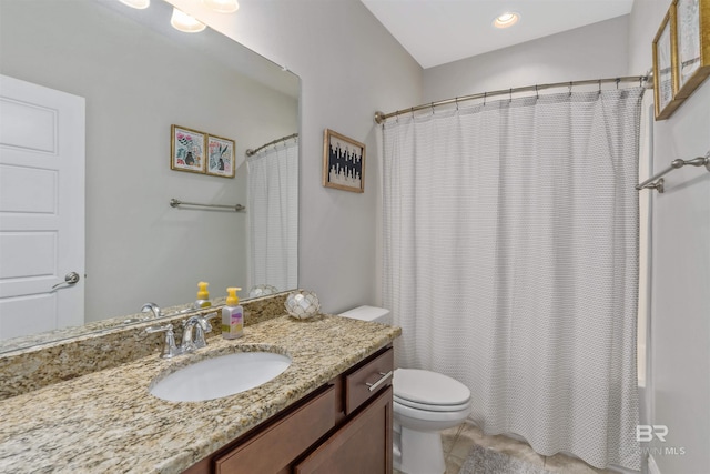 bathroom with recessed lighting, shower / bathtub combination with curtain, toilet, and vanity