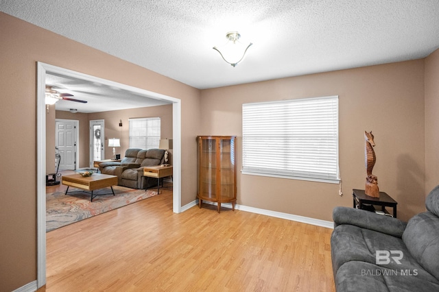 living room with a textured ceiling and light hardwood / wood-style flooring