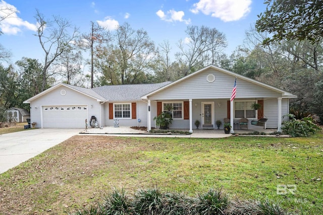 ranch-style house with a garage, a front yard, and a porch