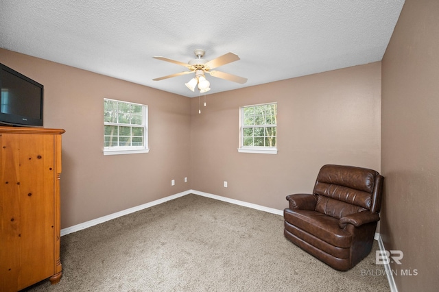 sitting room with ceiling fan, carpet, and a textured ceiling