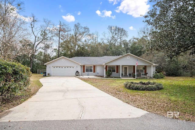 ranch-style house featuring a garage, covered porch, and a front lawn