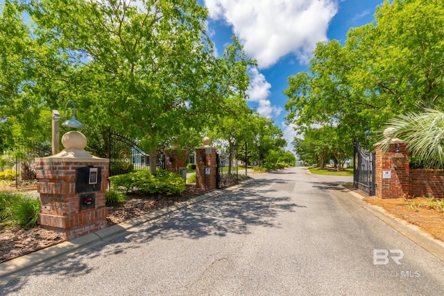 view of street with curbs, a gated entry, and a gate