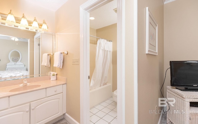 full bathroom featuring tile floors, vanity, shower / bathtub combination with curtain, toilet, and a textured ceiling