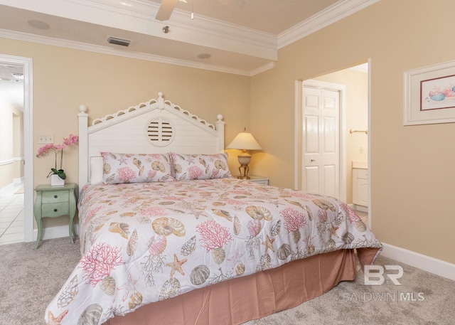 bedroom featuring ornamental molding, carpet, ceiling fan, and a closet