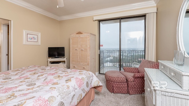 bedroom with carpet floors, ceiling fan, access to exterior, and ornamental molding