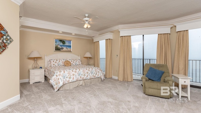 bedroom featuring crown molding, carpet flooring, access to exterior, ceiling fan, and a textured ceiling