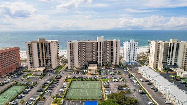 drone / aerial view featuring a water view