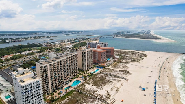 aerial view featuring a beach view and a water view