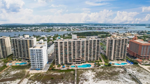 aerial view featuring a water view