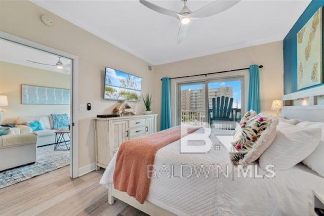 bedroom with ceiling fan, light wood-style flooring, baseboards, access to exterior, and ornamental molding