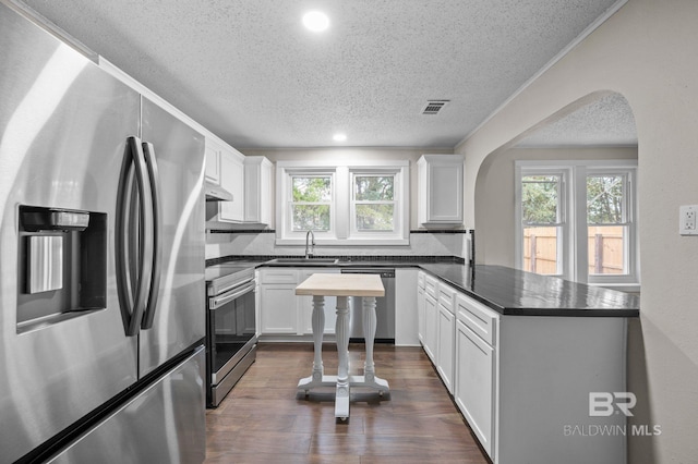 kitchen featuring a wealth of natural light, white cabinetry, dark wood-type flooring, and stainless steel appliances