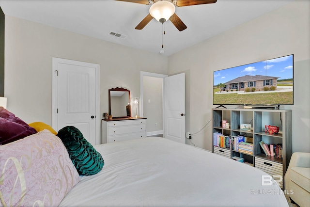 bedroom with a ceiling fan, a closet, and visible vents