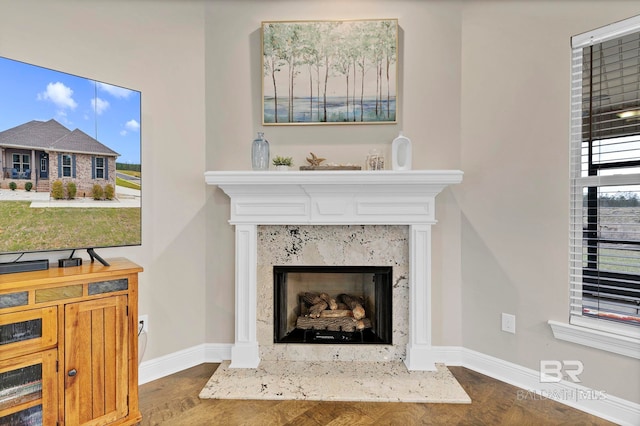 interior details with a high end fireplace, baseboards, and wood finished floors