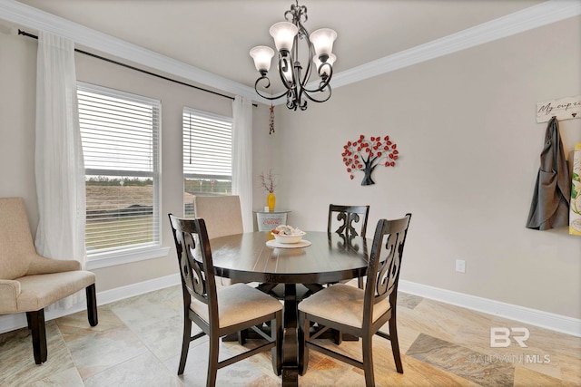 dining space featuring an inviting chandelier, baseboards, and ornamental molding