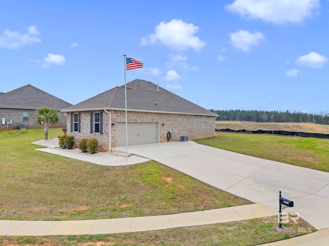 view of front of property featuring an attached garage, brick siding, driveway, and a front lawn