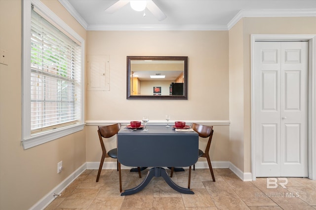 dining room featuring ceiling fan, ornamental molding, electric panel, and baseboards