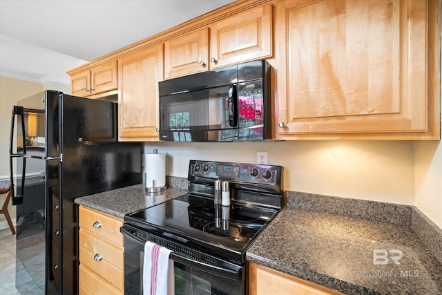 kitchen featuring crown molding, black appliances, and light brown cabinetry