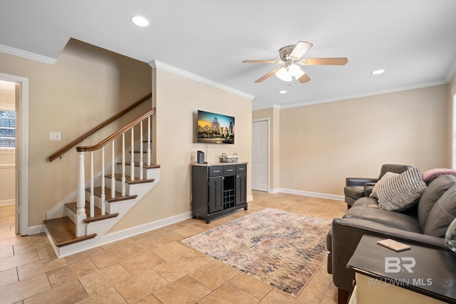 living room with stairway, baseboards, and ornamental molding