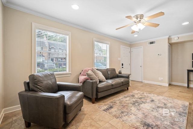 living room with baseboards, visible vents, ceiling fan, ornamental molding, and recessed lighting